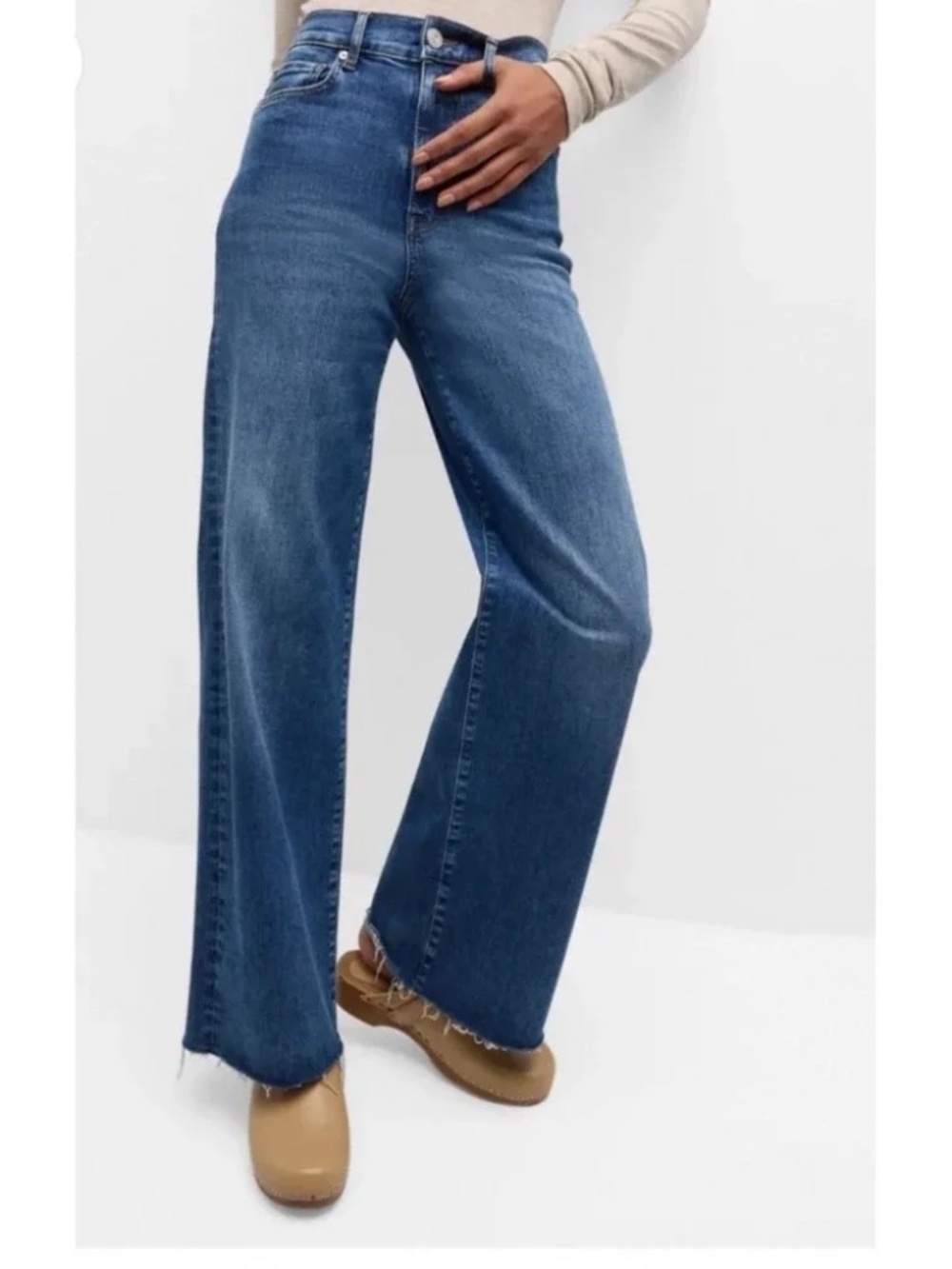 Frame Le Slim Palazzo Raw Fray Mermaid Blue High Rise Wide Leg Jeans 29